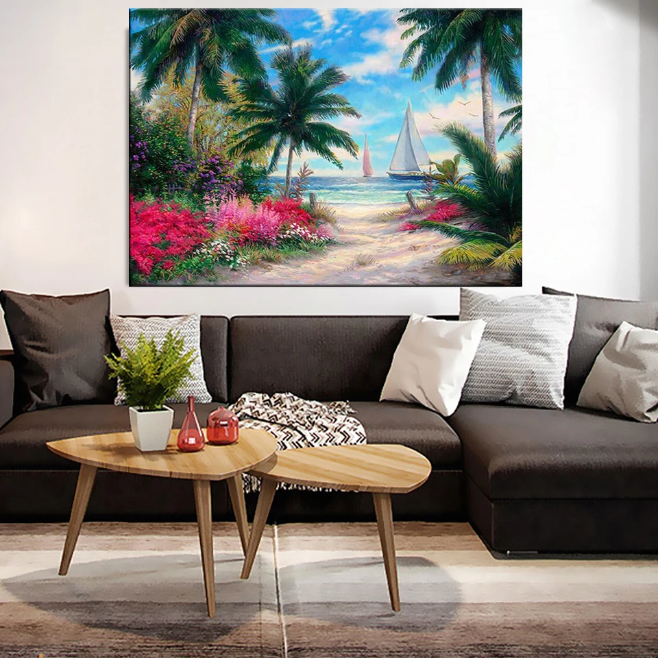 

5D DIY Diamond Painting Cross Stitch Full Round/square Drill Tropical Painting,Beach Sailboat,Ship Diamond Embroidery