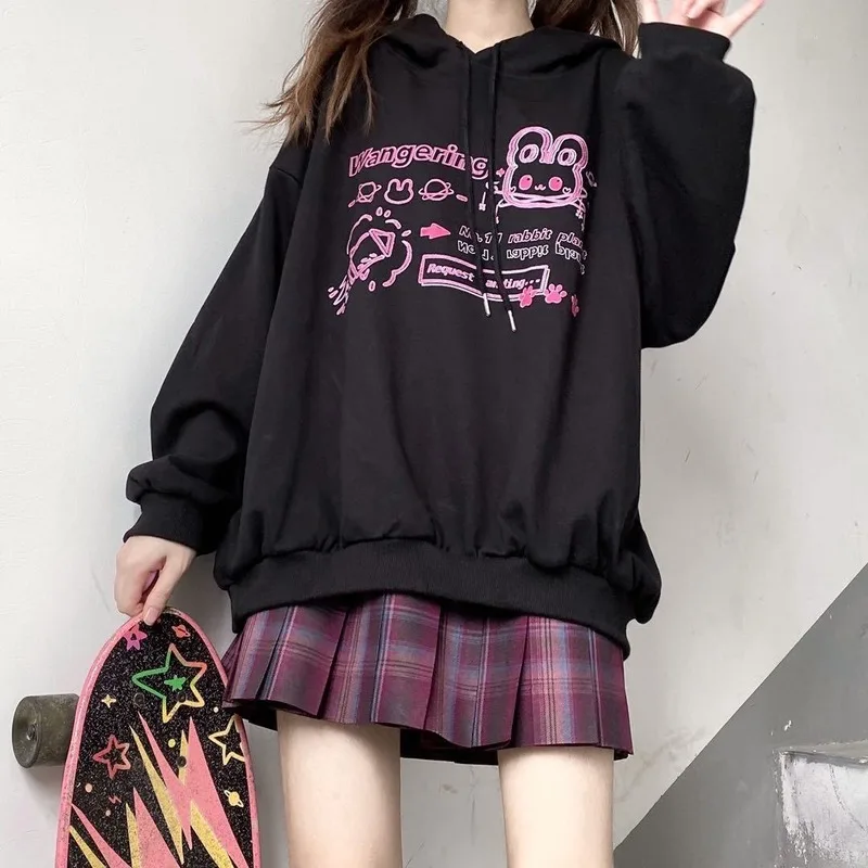 

QWEEK Harajuku Cartoon Print Hoodie Women's Autumn Coat Japanese Style Kawaii Hoodie Women 2021 Harajuku Japan Long Sleeve Tops