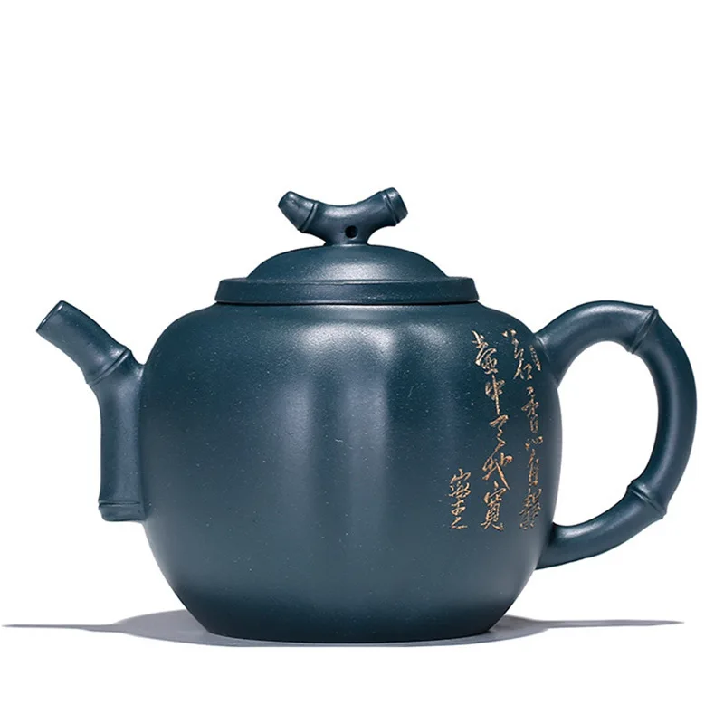

Yixing Zisha teapot handmade raw material dark green mud slubby teapot and bamboo section teapot