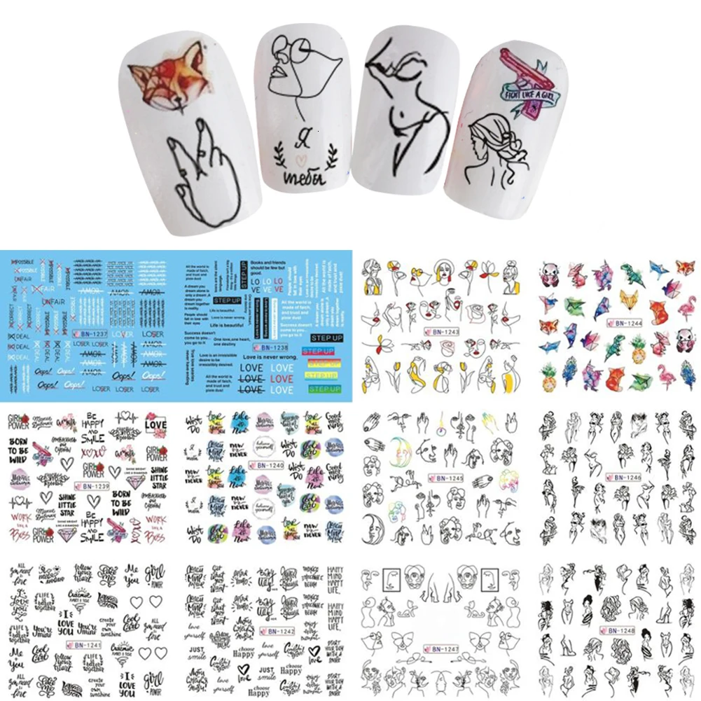 12Patterns/sheet Black Line Coloful Abstract Image Nail Sticker Decals Sexy Girl Water Transfer Slider For Nails DIY Art