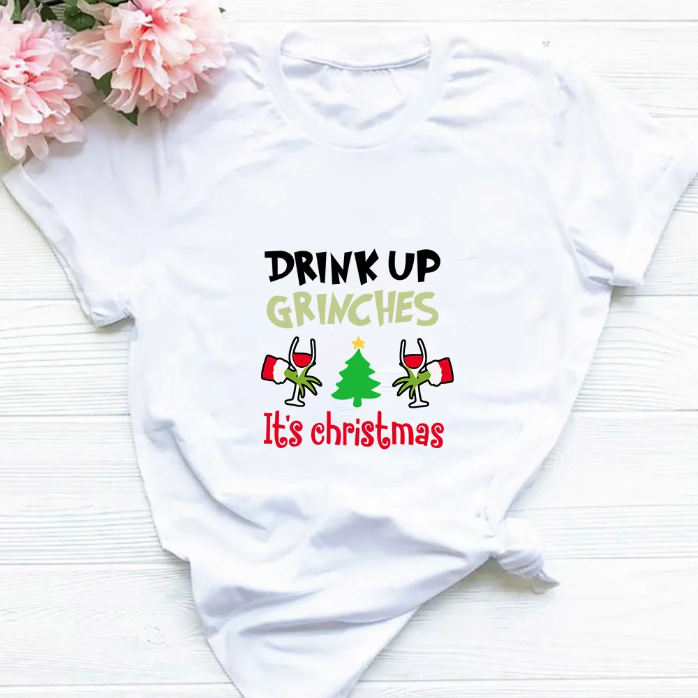2QIMU Drink Up Grinches It's Christmas футболки модные графические женские Топы футболка с