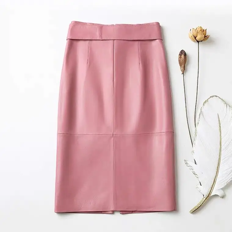 

sheepskin leather skirts with belt pencil office lady skirt v