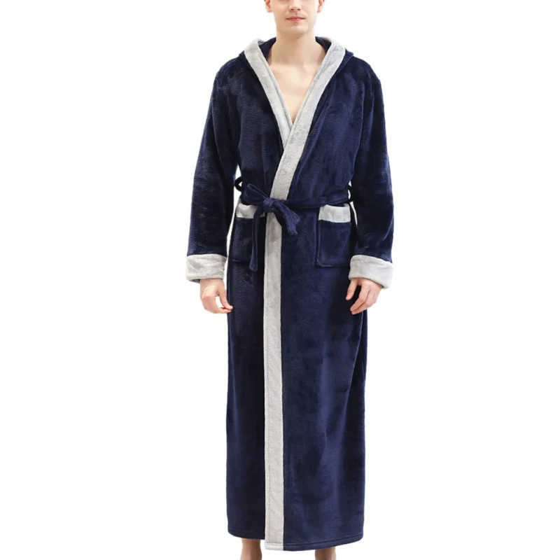 Navy Blue Большие размеры 3XL зимние мужские халаты утепленные фланелевые теплые халаты мужские длинные пижамы до лодыжки - Цвет: Navy Blue