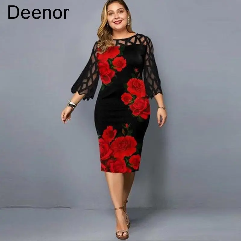 

Женское кружевное платье Deenor, повседневное вечернее платье с цифровым принтом, сетчатым рукавом и цветочным принтом, платья для вечерние