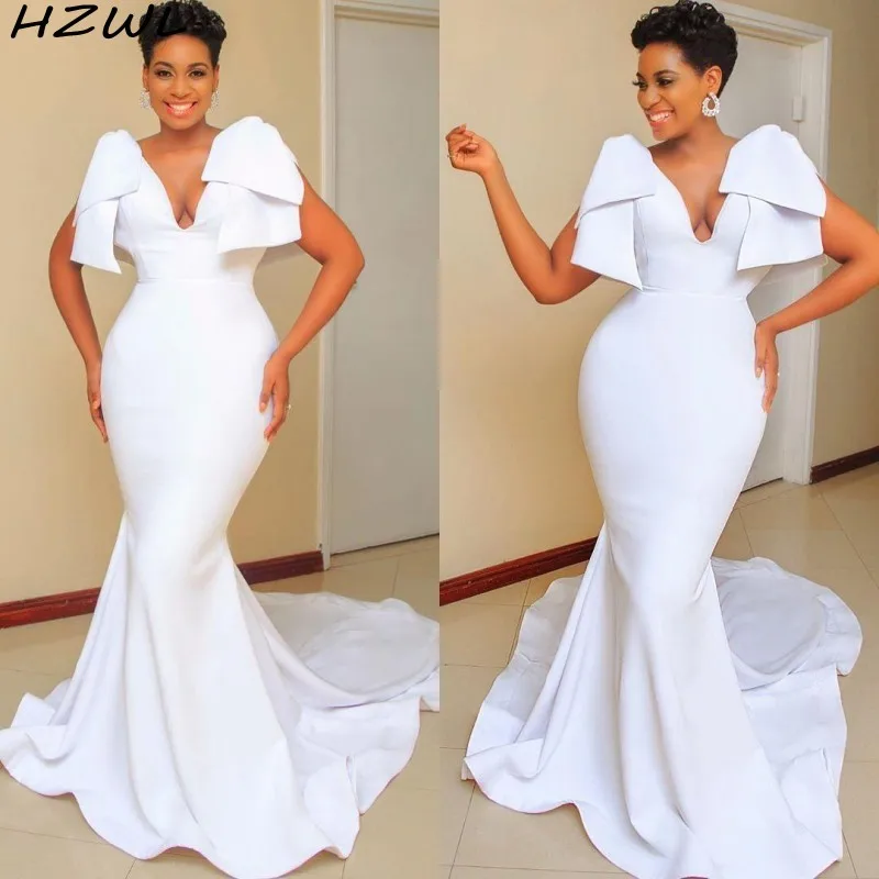 

Белое Атласное Платье-Русалка для выпускного вечера с большим бантом и глубоким V-образным вырезом