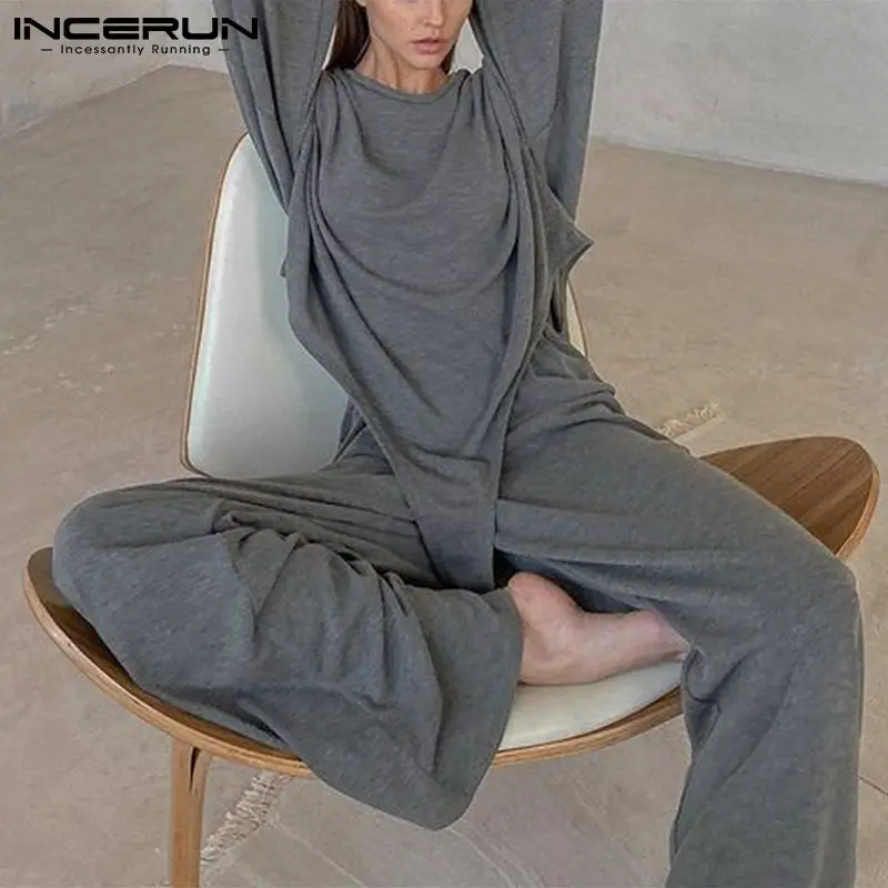 

Men Pajamas Sets Solid Color Homewear Long Sleeve Irregular Tops & Pants Two Pieces Cozy Loose Men Pyjamas Suits INCERUN S-5XL