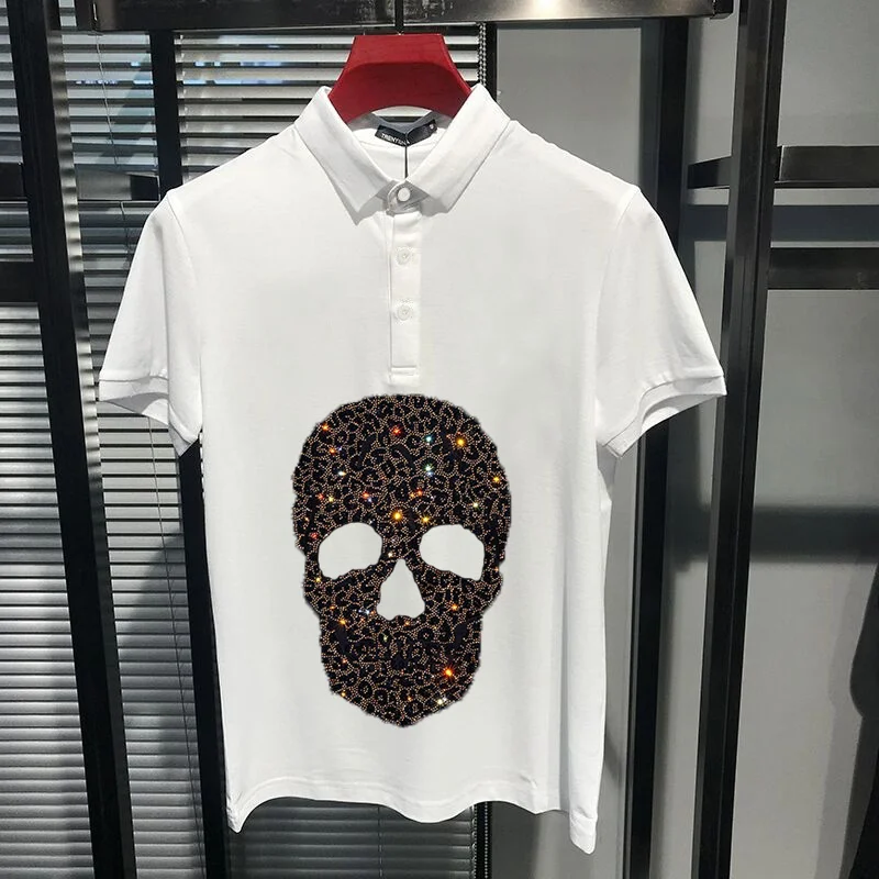 

British Korean Version Trend Polo New Fashion Brand Shirt Men's Hot Rhinestone Skull Couple Premium Lapel Short Sleeve
