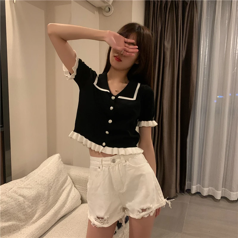 

Ruffles Knit Cardigan Shirt Women Single-breasted Patched Ruffles Elastic Crop Sweater Summer Tops Female Cardigans