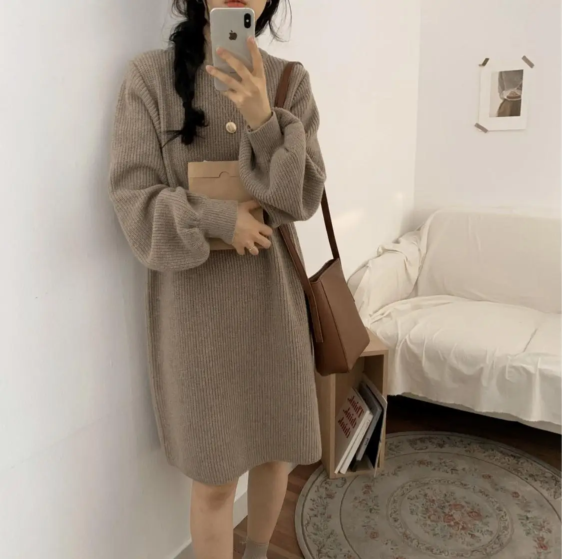 

Autumn Winter O-Neck Sweater Knitted Dress Women Puff Long Sleeve Basic Casual Straight Dress Soft Home Style Lady Long Dresses