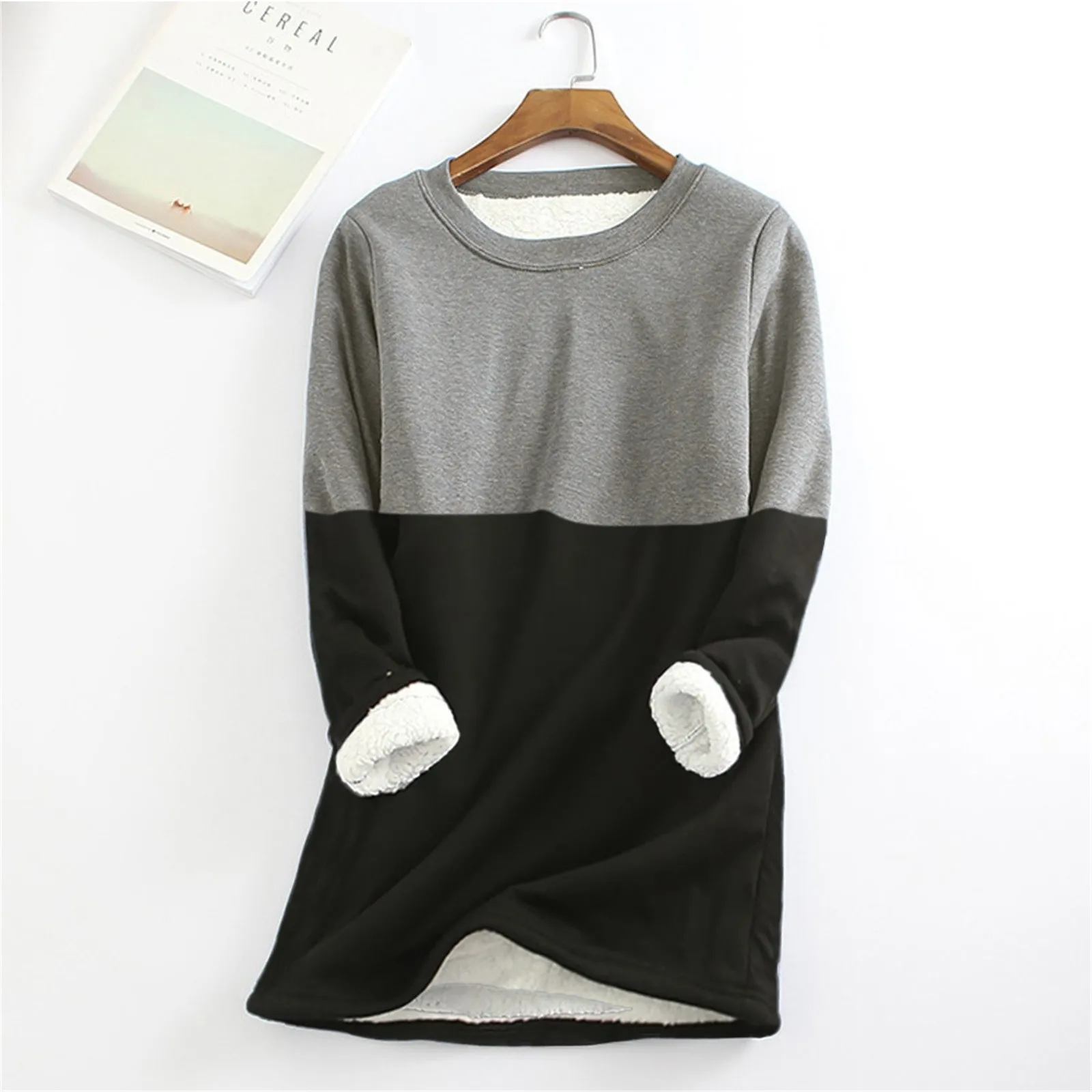 Long Thick Stitching Solid Color Round Neck Sweater Women's Fleece Matching Sweatshirt Warm Underwear Fashion Top | Женская одежда