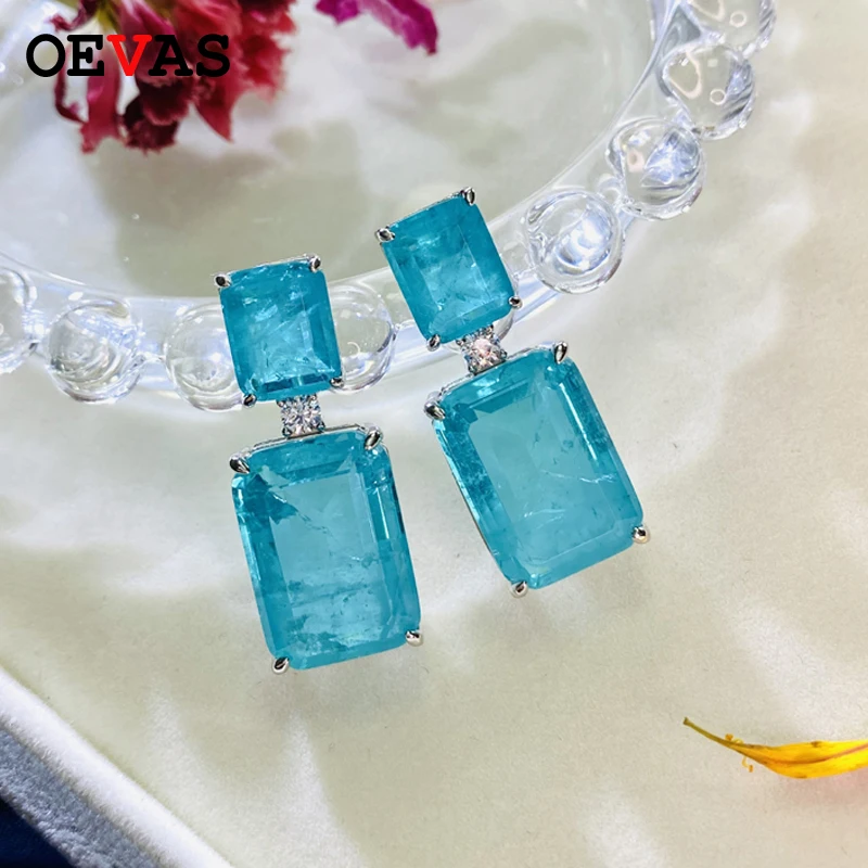 

OEVAS Sterling Sparkling 100% 925 Silver 12*17mm Synthetic Paraiba High Carbon Diamond Earring For Women Party Birthday Jewelry