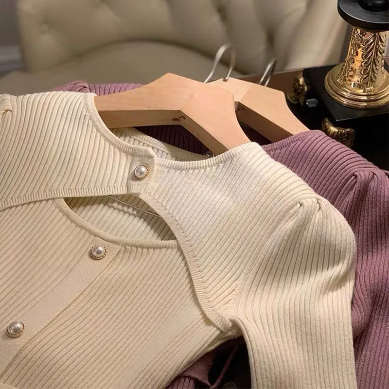 

Mid-length High Waist Sweet Dresses Girls 2021 New Button Elegant Knit Dress Women Solid Hollow Out Long Sleeve