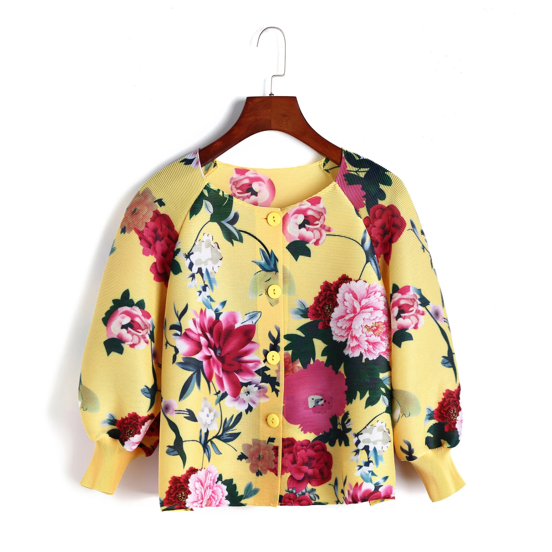 

TVVOVVIN Fashion Women O-neck Pleated Puff Sleeve Short Tops Spring New Female Printed Loose Casual Stretch Jacket JDBD