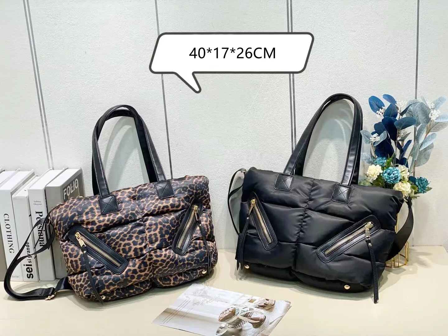 

Female 2021 Fall Winter Handbag Fashion Leopard Print Space Cotton Portable Tote Bag Air Bag Handbag Messenger Down Womens Bag