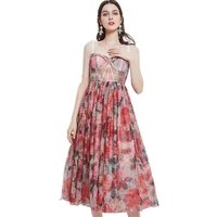 lukaxsikax 2021 new summer women sexy strap dress high end custom vintage flowers print big hem elegant slim long dress