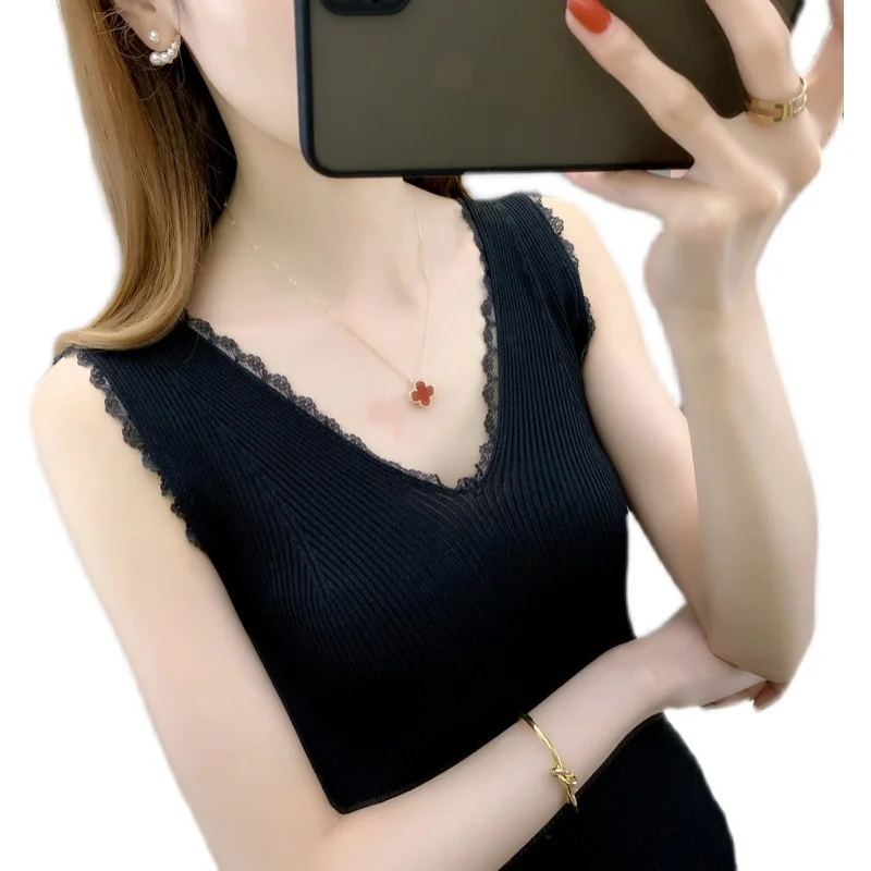 

19862 make ice silk v-neck lace stitching knitting sleeveless vest 25