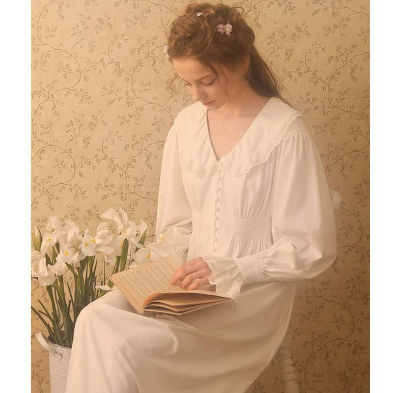 2020 осенняя одежда для сна винтажная белая хлопковая ночная рубашка размера плюс