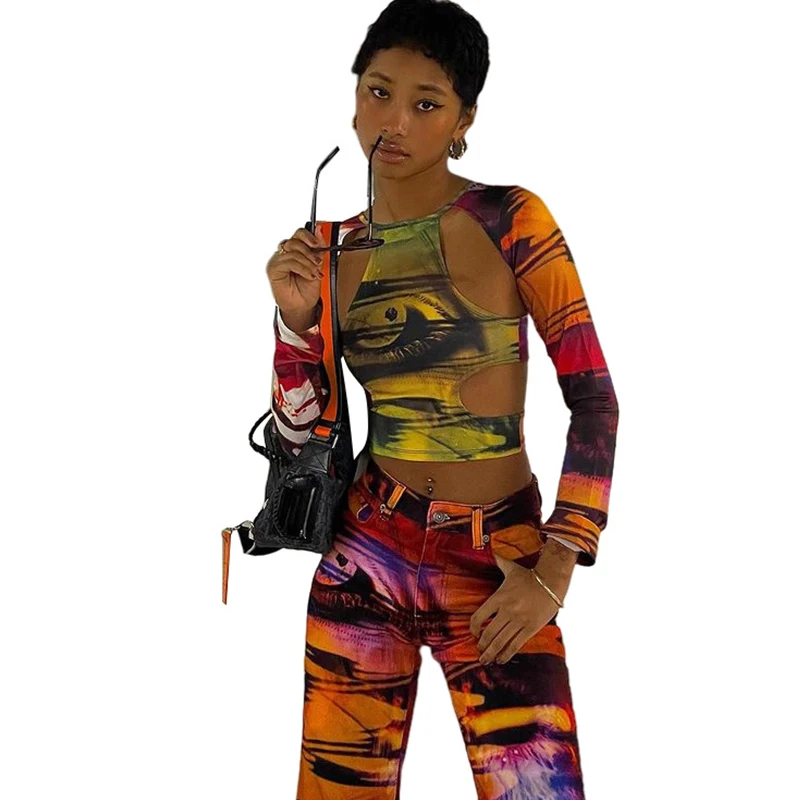 

Fashion suit girl long-sleeved hollow short top trousers irregular new T-shirt with floral pattern Casual street spring