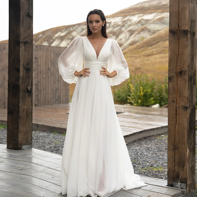 

Очаровательное шифоновое платье с V-образным вырезом и длинным рукавом