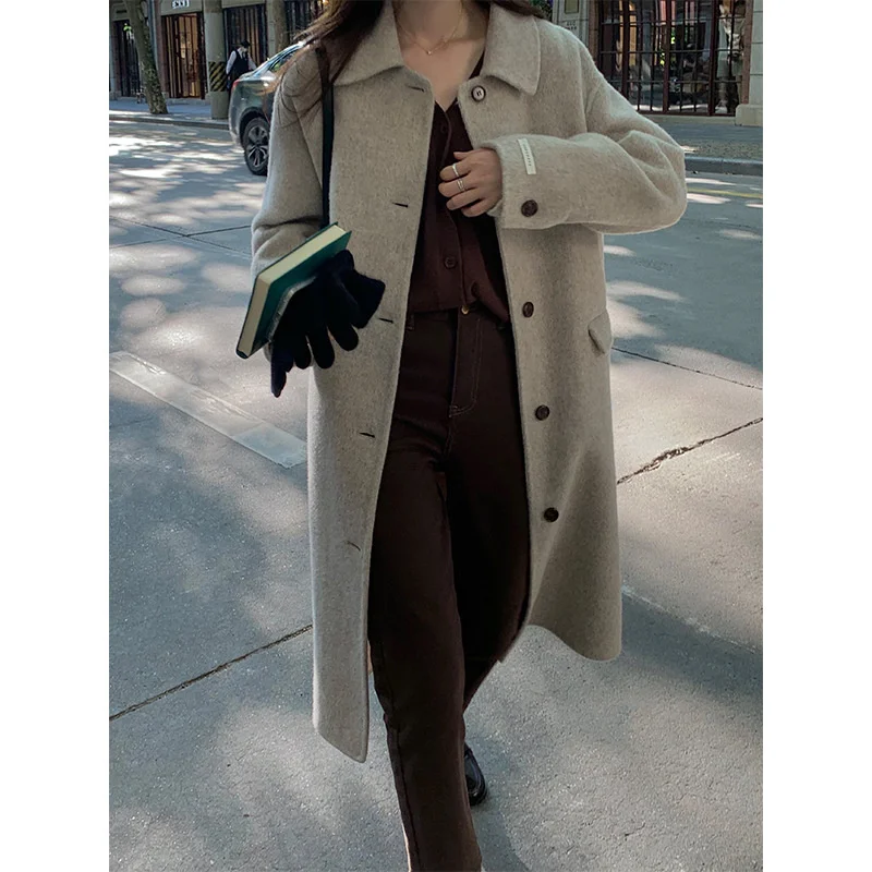 

TG wool double-sided tweed lace up long coat women's 2021 winter new ins buckle Lapel coat 15507