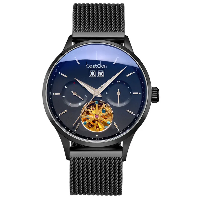 Black-black-Mesh bel Bestdon швейцарские автоматические часы мужские механические водонепроницаемые часы с скелетом модные полностью стальные светящиеся наручные часы с датой пилота - Цвет: Black-black-Mesh bel