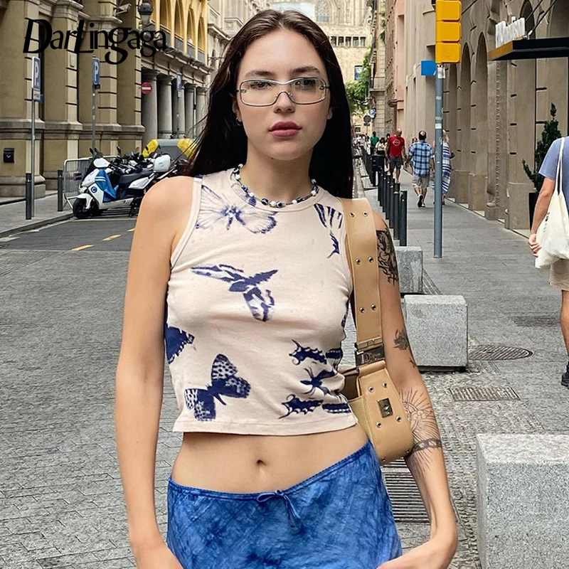 

Darlingaga Harajuku Butterfly Printed Summer Tank Top Short Vest Cute Fairycore 2000s Aesthetic Causal Crop Tops Sleeveless Tee