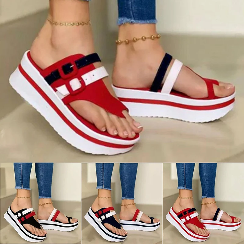 

Fashion Women Slippers Summer Plus Size Flip Flops Wedges Shallow Patchwork Shoes Casual Thick Bottom Buckle Ladies Slippers