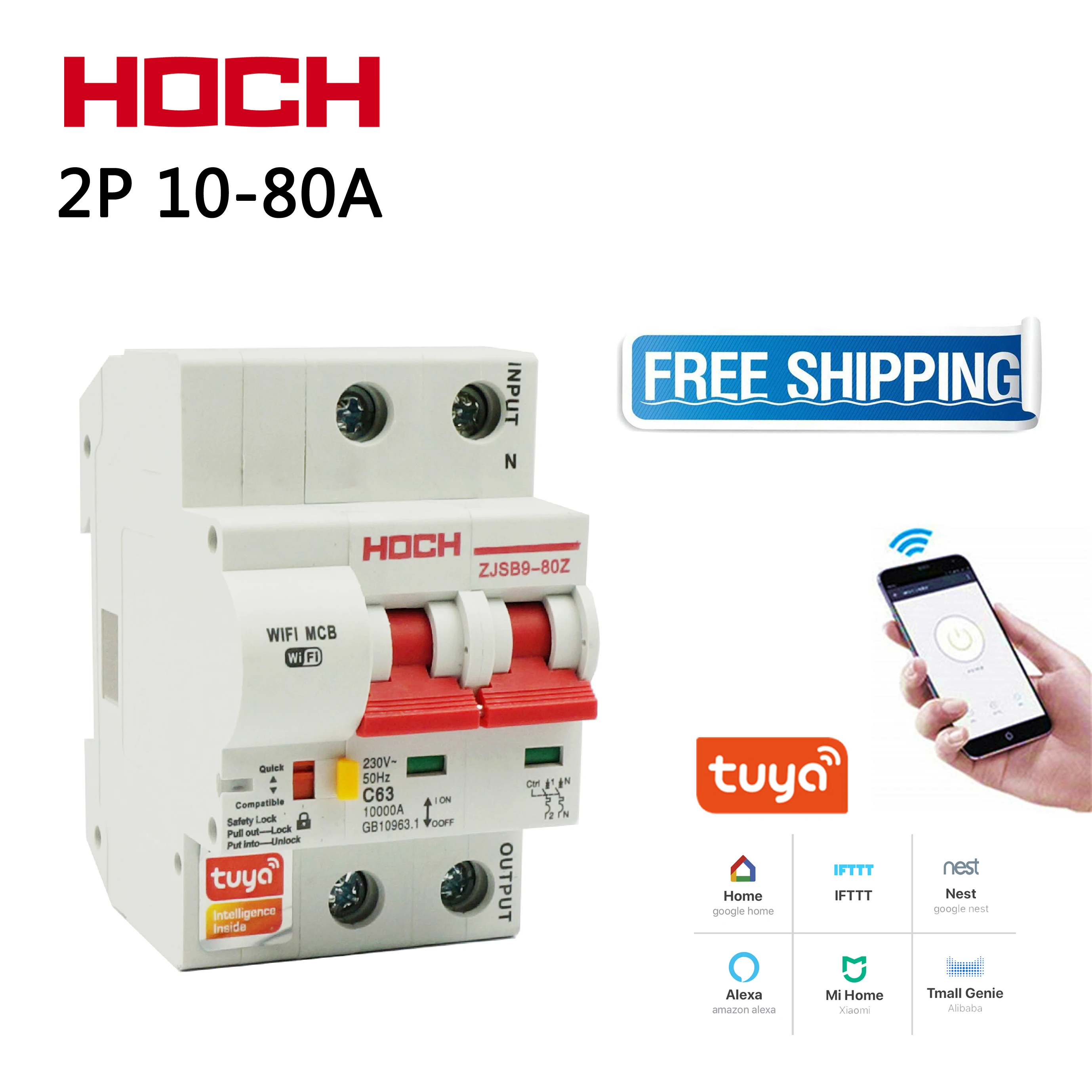 HOCH Tuya 2P WiFi автоматический выключатель дистанционное управление защита от перегрузки короткого замыкания Amazon Alexa Google home для умного дома