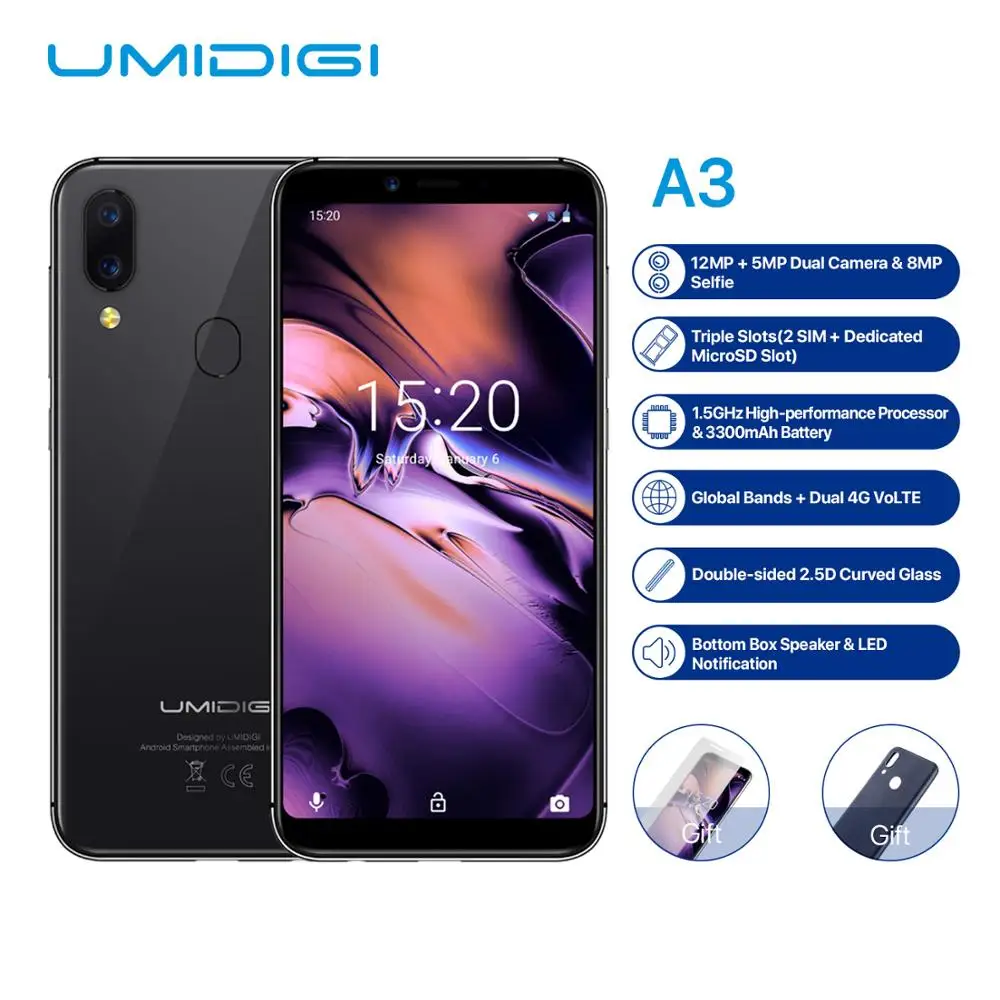 Оригинальный UMIDIGI A3 5 ''HD Android 8 1 2 Гб ОЗУ 16 ПЗУ MT6739 четырехъядерный 12 Мп + двойной