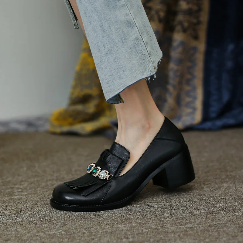 

Spring Fashion New Women Loafers Genuine Leather Square Toe Casual Shoes Woman Slip-on Flats Tassel Oxford Shoes for Women Shoes