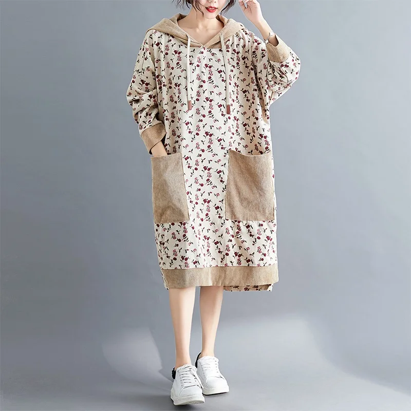 Вельветовое винтажное платье с длинным рукавом и цветочным принтом размера плюс