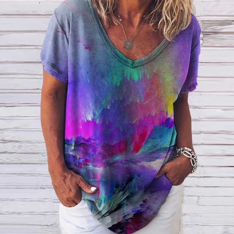 

Women Vintage Print V Neck Blouse Shirt 2021 Summer Casual Short Sleeve Pullover Tops Lady Fashion Loose Shirts Blusa Streetwear