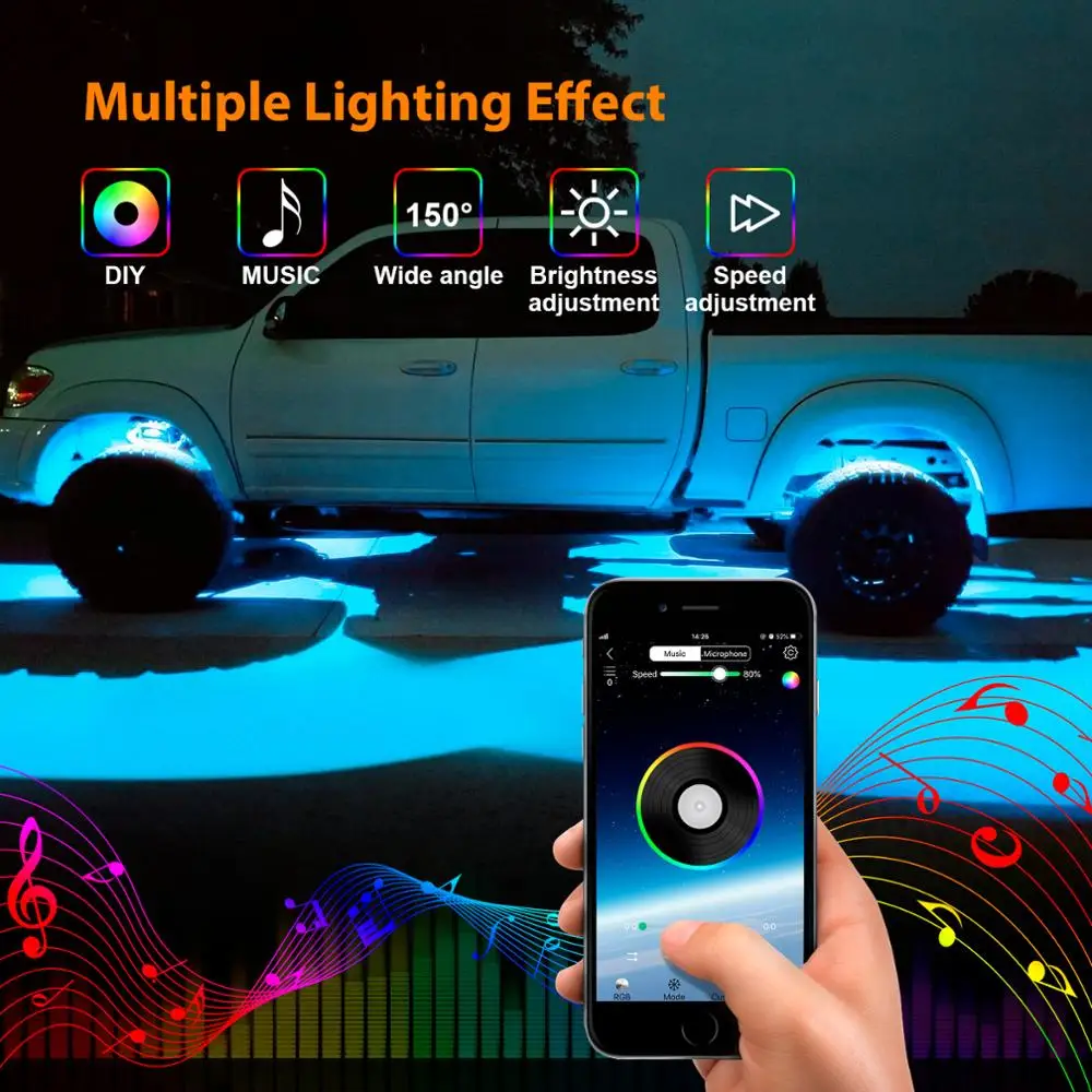MICTUNING 6 накладки RGB светодиодный Рок Огни 96 Светодиодный s музыка неоновые Underglow