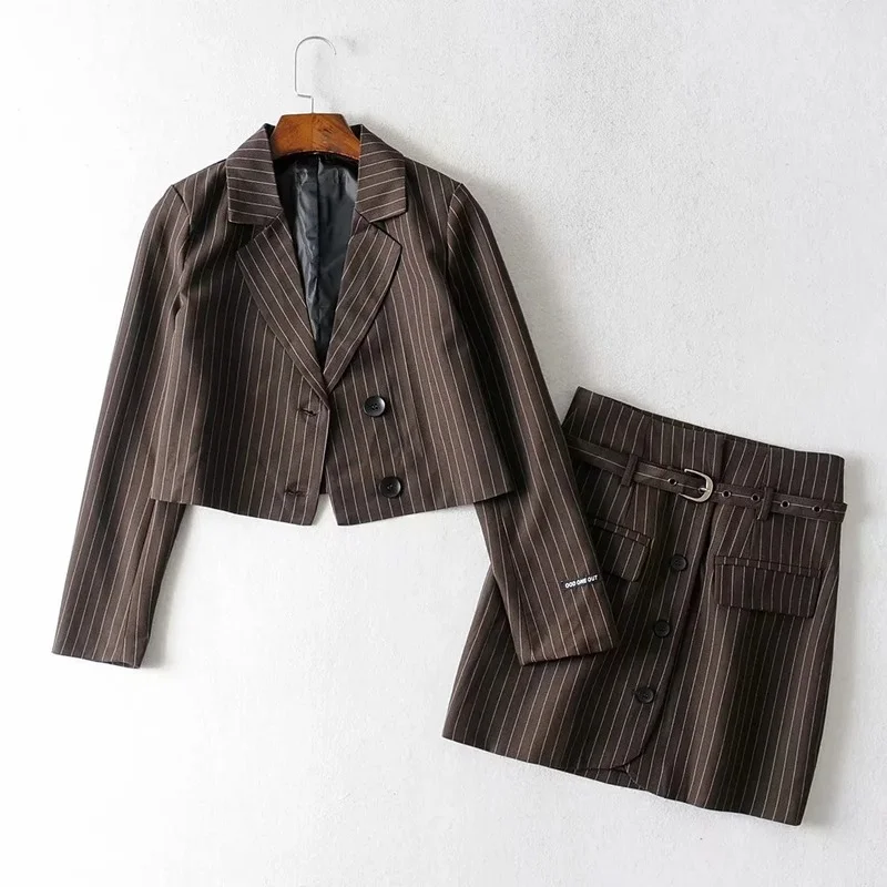 Student Slim Blazer Suit Two Piece Set Women Casual Commute Blazer Preppy Style Mini Skirts Set Single Breasted Striped Blazer