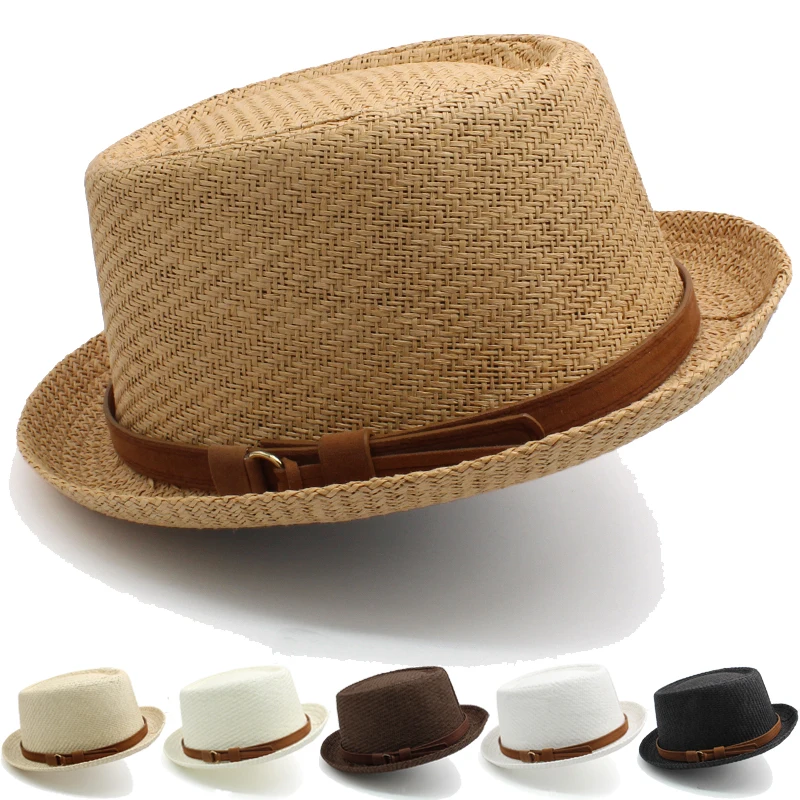 Men Women Classical Straw Pork Pie Hats Fedora Sunhats Trilby Caps Summer Boater Beach Outdoor Travel Party Size US 7 1/4 UK L