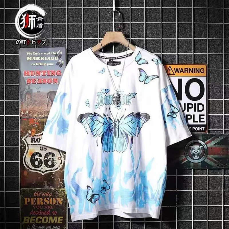 

2021Blue Butterfly T Shirt Men Harajuku Hip Hop Short Sleeve Tees Casual Tops Streetwear Oversized T Shirts Cotton Mens Clothes