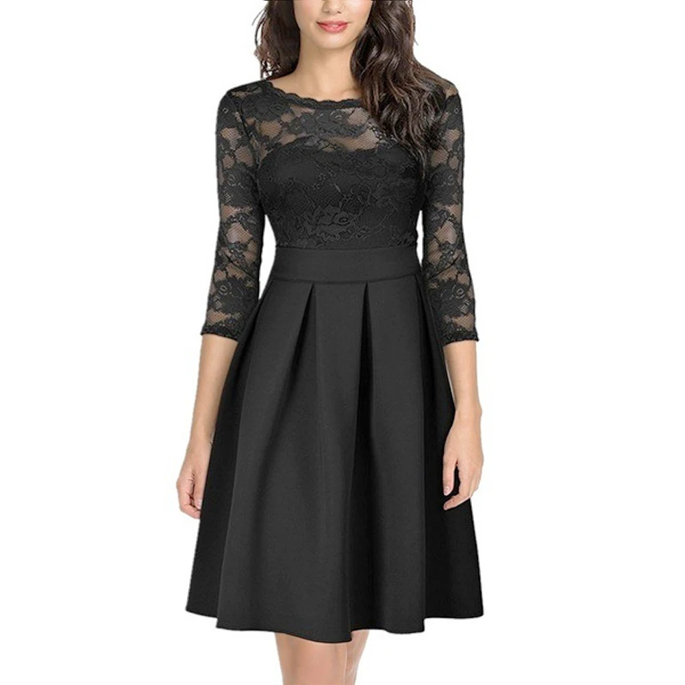Женское кружевное платье до колен OTEN прозрачное с рукавом 3/4 круглым вырезом и