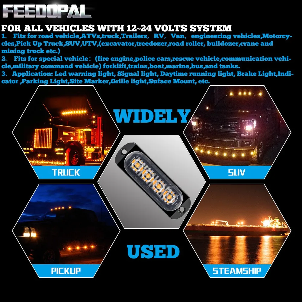 FEEDOPAL 2 шт. 4LED 12V 24V Янтарная белый красный мигающий Стробоскопическая Лампа