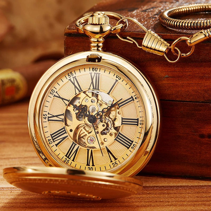 Roman Numeral Luxury Quality Copper Mechanical Pocket Watch Palace Full Gold Case Steampunk Skeleton Fob Chain Clock for Men