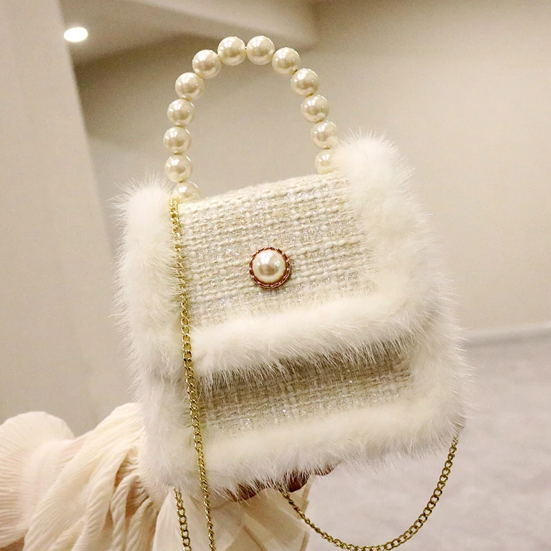 Mink hair pearl chain single shoulder portable oblique satchel wool material 2020 autumn and winter new tide women's bag