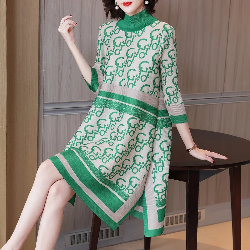 

Changpleat Women Printed Dresses Miyak Pleated Fashion Turtleneck Loose Large Size 3/4 Sleeve A-line dress Knee-Length