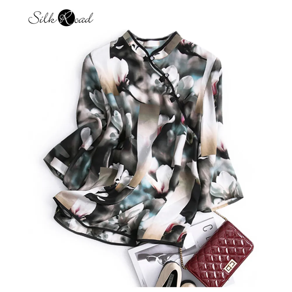 Silviye Printed blouse with button up silk blouse women's fashion stand up collar 9-point sleeve foreign style T-shirt spring