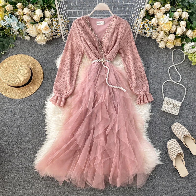 Женское элегантное кружевное платье с v образным вырезом жемчугом высокой талией