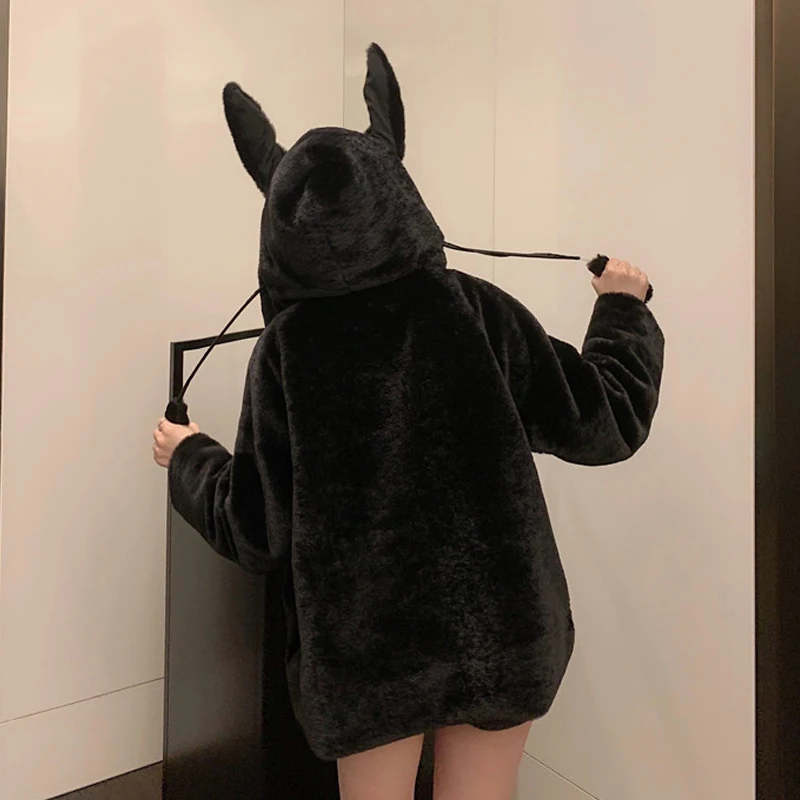 Kawaii Lolita Teddy Coat Girl Winter Cute Moving Bunny Ears Plush Hooded Zip Up Jacket Women Soft Girl Plus Thick Furry Outer