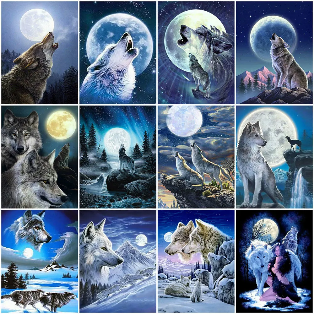 

HUACAN 5D DIY Full Square Diamond Painting Wolf Rhinestone Kit Diamond Embroidery Animal Mosaic Moon Cross Stitch Home Decor