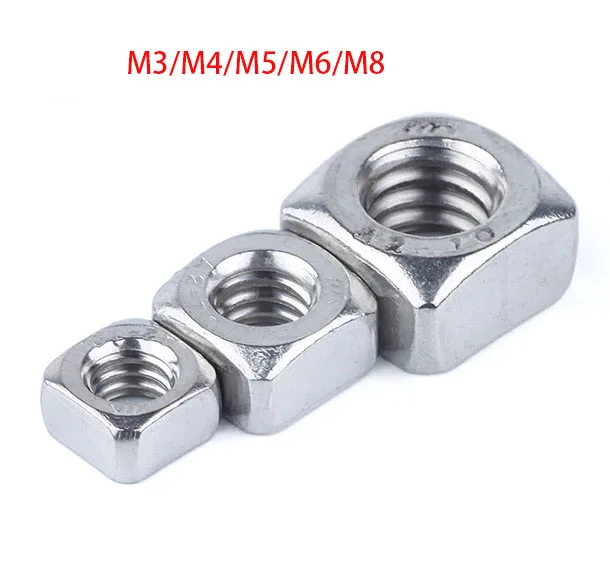 Hot sale 50Pcs DIN557 GB39 M3 M4 M5 M6 M8 304 Stainless Steel Square Nuts |
