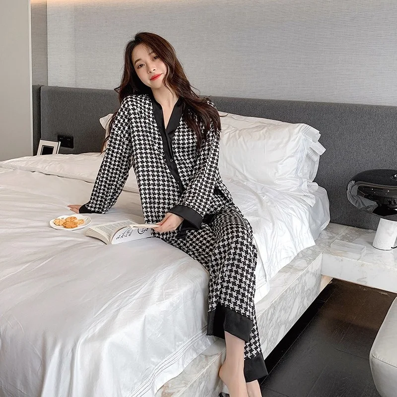 QWEEK Houndstooth Silk Like Pajamas for Women Autumn Elegant Pijama Female Bedroom Set 2 Piece Sleepwear Plaid Pyjama Loungewear