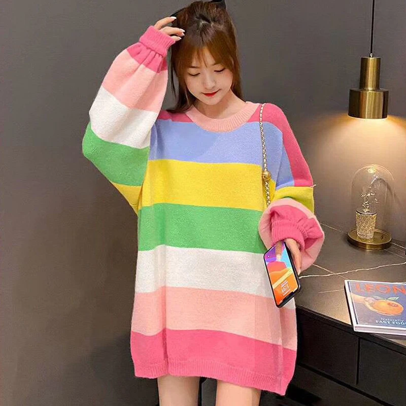 

Свитер женский трикотажный, в радужную полоску, свободный, с длинным рукавом, X439