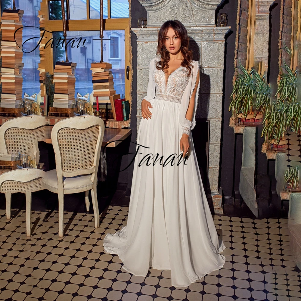 

2021 Sexy Deep V-Neck Wedding Dress See-Through Lace Appliques IIIusion A-Line Backless Bridal Gown robe de soirée de mariage