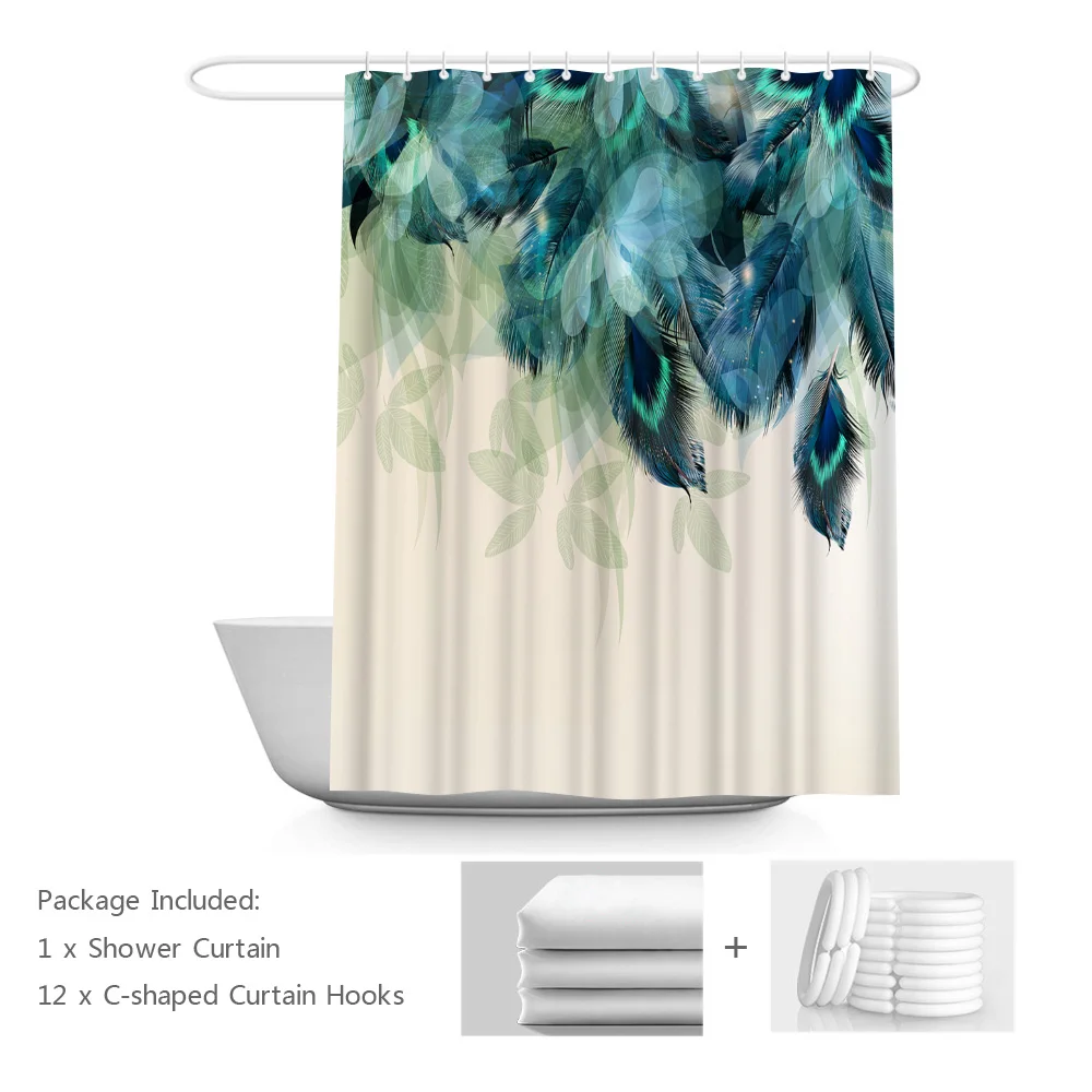 

Peacock Feather Shower Curtain Teal Blue Animal Tail Bathroom Curtains Beautiful Feathers Washable Fabric Bathtub Decor